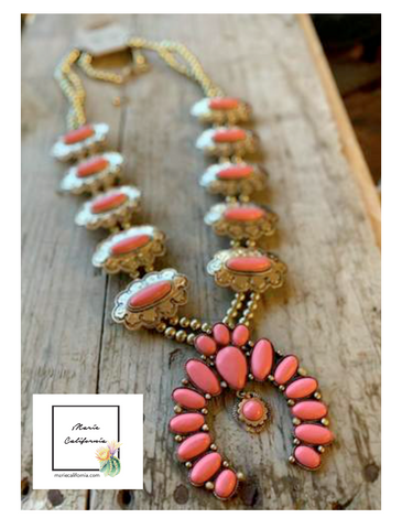 Coral and Burnished Gold Squash Blossom Necklace